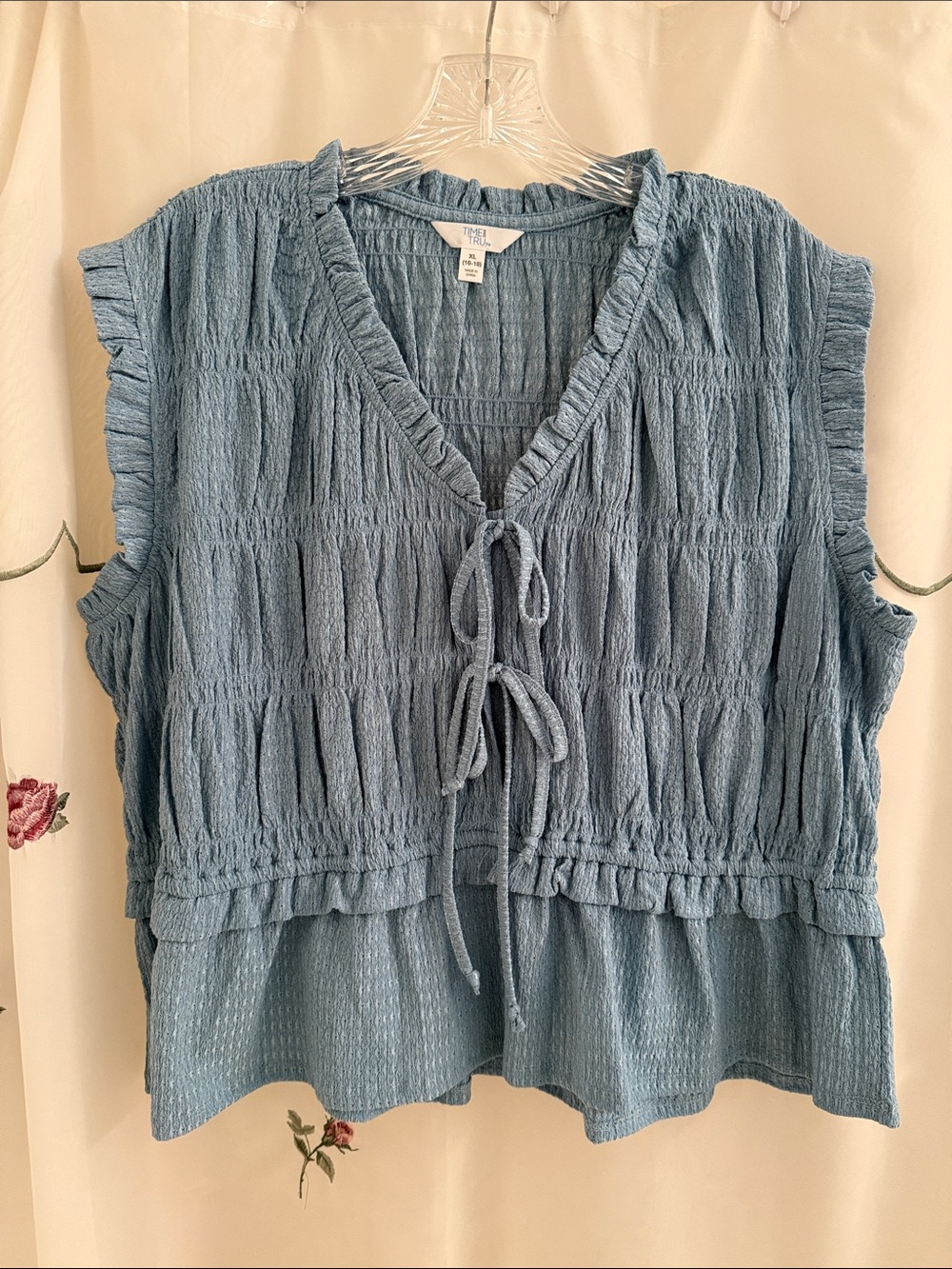 Time and Tru Blue Textured Tie-Front Sleeveless Blouse